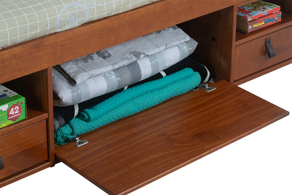 cama bali de solteiro caramelo em fundo branco detalhe gavetão