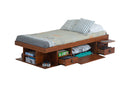 cama bali de solteiro caramelo em fundo branco vista em diagonal com gavetas abertas