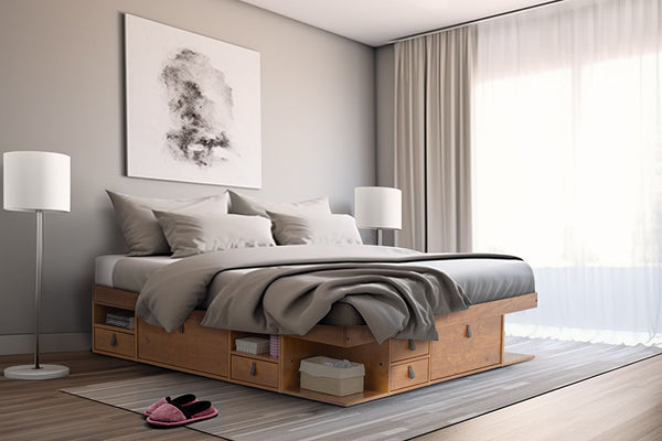 foto ambientada da cama de madeira king size com gavetas bali na cor nozes vista na diagonal em quarto