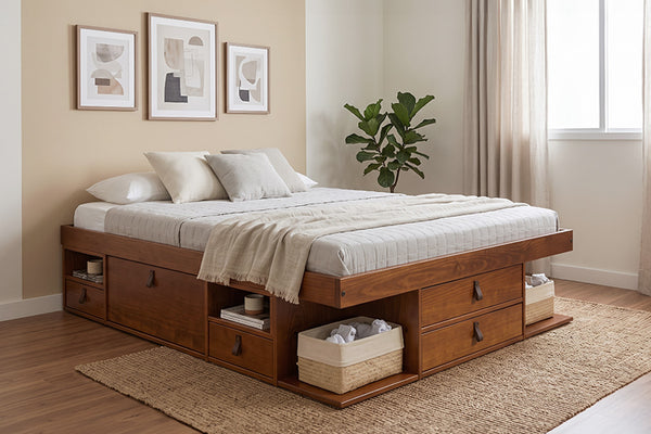 Cama de Casal com Gavetas Bali - Caramelo ambientada nno quarto
