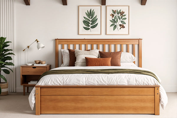 Cama queen vale ambar ambientado no quarto