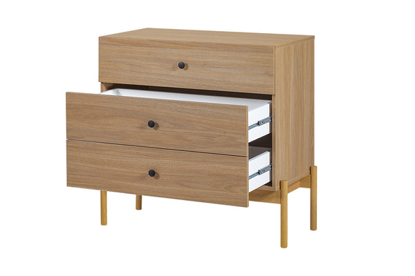 cômoda com 3 gavetas de madeira para quarto com as 2 gavetas inferiores abertas