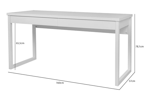 escrivaninha para quarto 160 duna branco giz vista na diagonal com medidas escritas na imagem