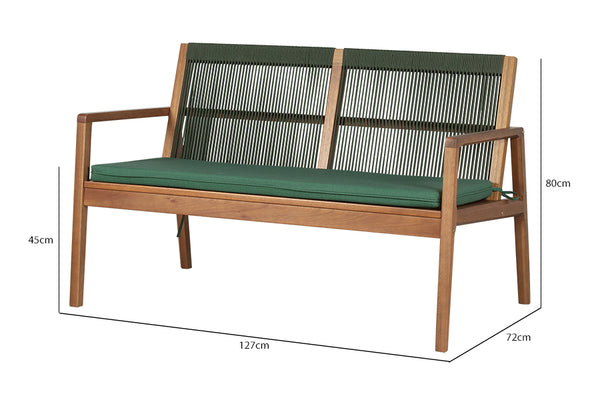 sofa 2 lugares oliva amêndoa e corda verde visto na diagonal em fundo branco com medidas