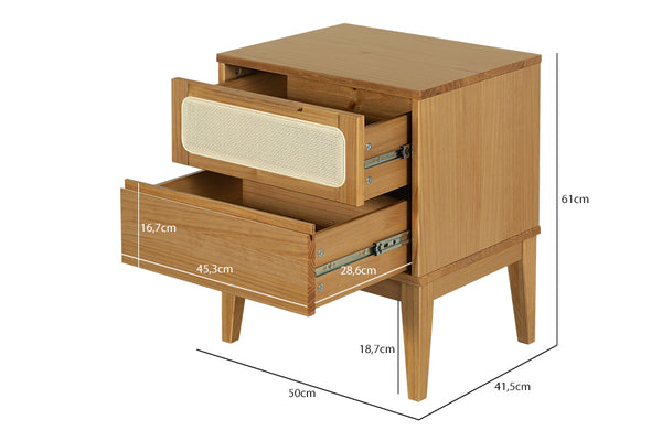 Mesa de Cabeceira 2 gavetas Serena 50x41,5 cm - Mel vista em perspectiva com medidas