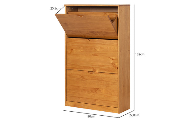 Sapateira de gaveta Liz cor nozes vista na diagonal em fundo branco com medidas