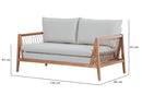 sofa 2 lugares trance cedro e tecido bege visto na diagonal em fundo branco com cotas