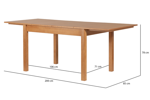 Mesa de Jantar Extensível Euro Nozes no fundo branco vista em perspectiva com dois extensores e medidas