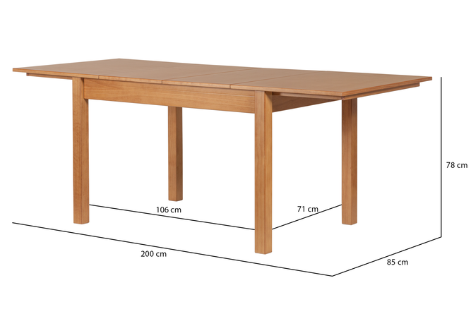 Mesa de Jantar Extensível Euro Nozes no fundo branco vista em perspectiva com dois extensores e medidas