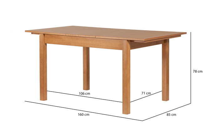 Mesa de Jantar Extensível Euro Nozes no fundo branco vista em perspectiva com um extensor e com medidas