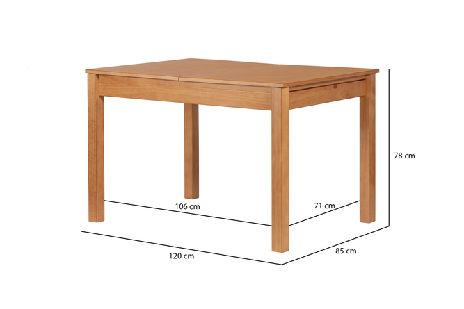 Mesa de Jantar Extensível Euro Nozes no fundo branco vista em perspectiva com medidas