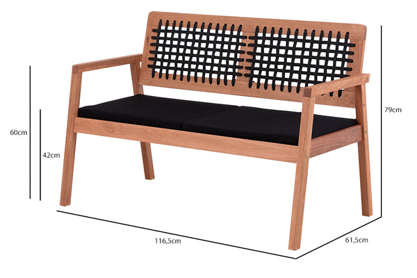 sofa 2 lugares para jardim tranca castanheira e corda preta em fundo infinito visto na diagonal com medidas descritas na imagem