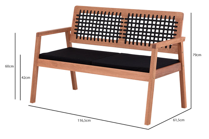 sofa 2 lugares para jardim tranca castanheira e corda preta em fundo infinito visto na diagonal com medidas descritas na imagem