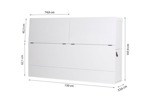 foto da cabeceira de casal para cama bali na cor branco giz vista na diagonal com portas fechadas em fundo branco com medidas escritas na imagem