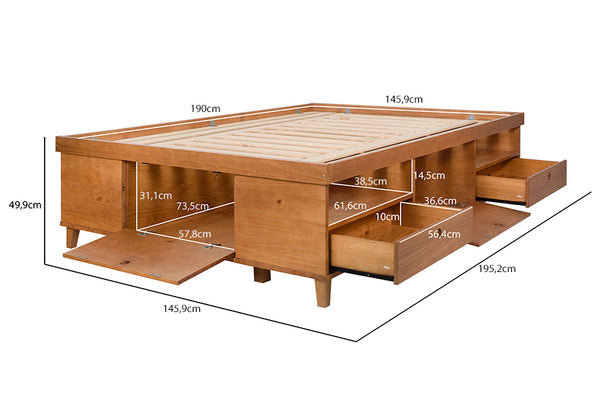 cama multifuncional de casal doce de leite escovado vista na diagonal com medidas escritas na imagem