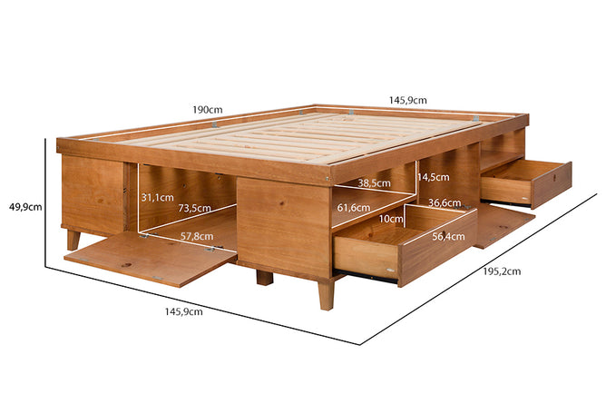 cama multifuncional de casal doce de leite escovado vista na diagonal com medidas escritas na imagem