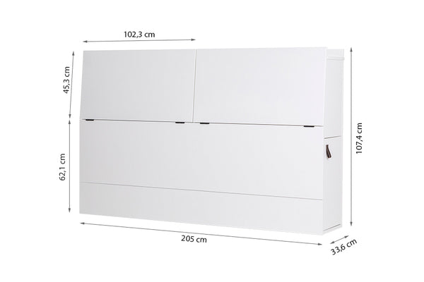 foto da cabeceira cama king size para cama bali na cor branco giz vista na diagonal com portas fechadas em fundo branco com medidas escritas na imagem