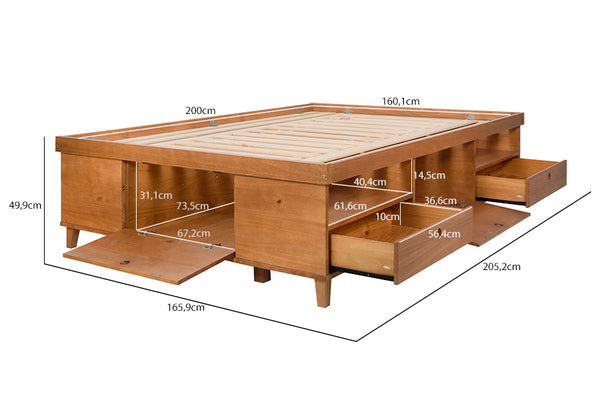 cama multifuncional de casal doce de leite escovado vista na diagonal com medidas escritas na imagem