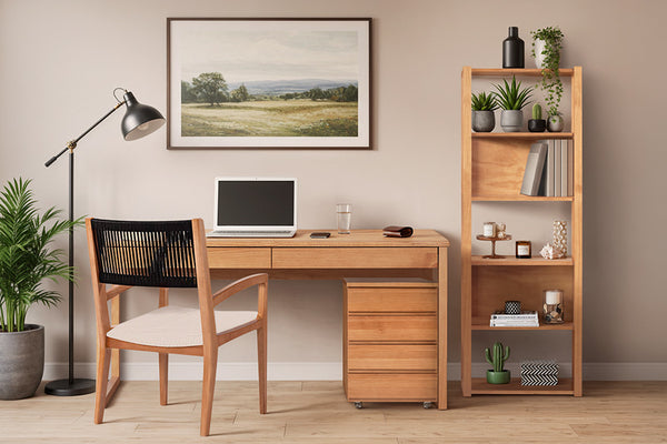 escrivaninha, estante e gaveteiro duna ambientados no home office