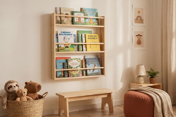 estante de parede grande legno ambientado no quarto infantil
