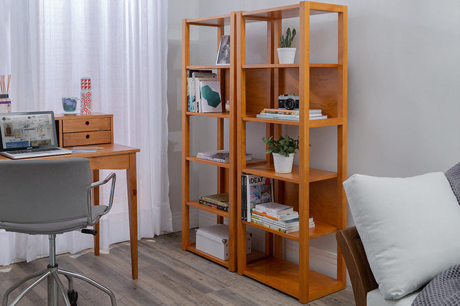 estante duna cerezo com 5 prateleiras ambientadas em home office com livros 