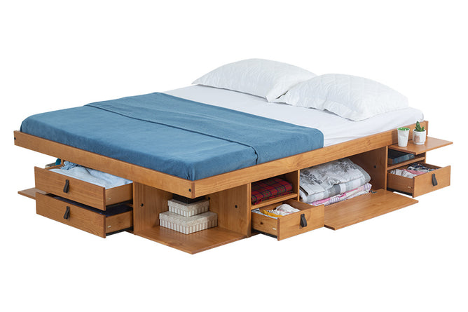 foto da cama de casal queen size com gavetas bali na cor nozes branco decorada com gavetas e nichos abertos