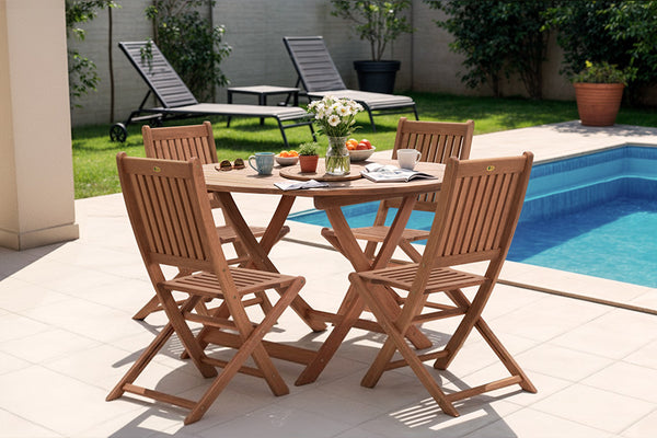 mesa 120 dobravel e cadeiras dobravel ambientados na area de piscina