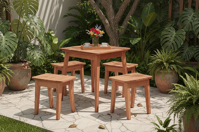 mesa 4 lugares e banquetas baixa garden ambientadas no jardim