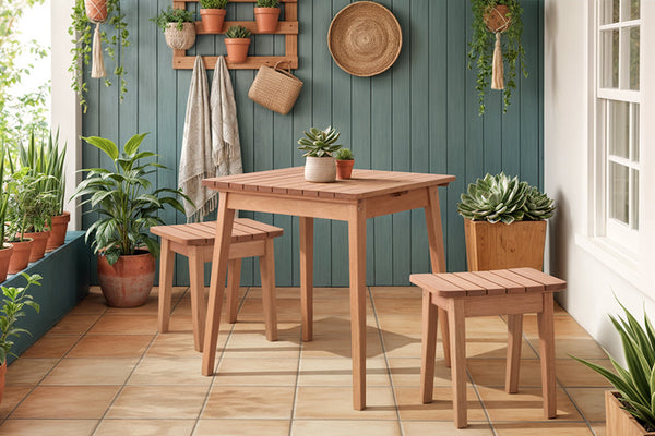 mesa 4 lugares e banquetas garden ambientadas na varanda