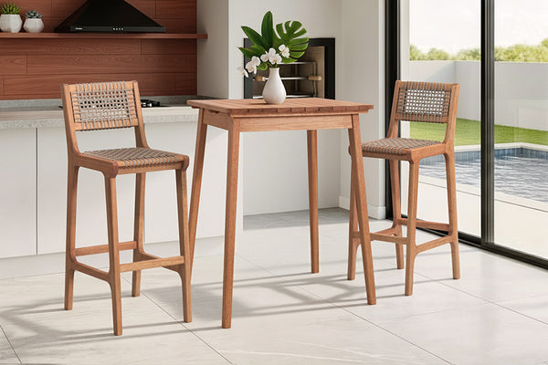 mesa alta garden e banquetas trama corda rami ambientados na area gourmet