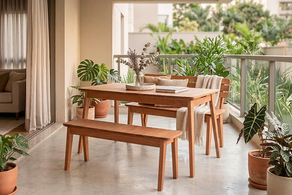 mesa e bancos garden ambientados na varanda coberta