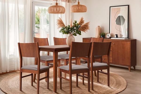 foto ambientada da cadeira jantar lotus na sala de jantar com mesa de jantar 6 lugares lotus