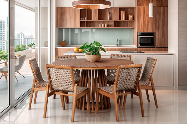 mesa de jantar gourmet mel com seis cadeiras trama corda areia ambientadas na cozinha