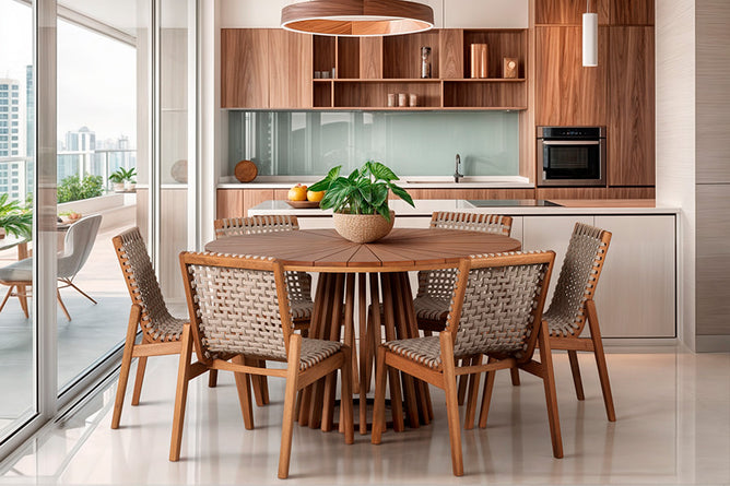 mesa de jantar gourmet mel com seis cadeiras trama corda areia ambientadas na cozinha