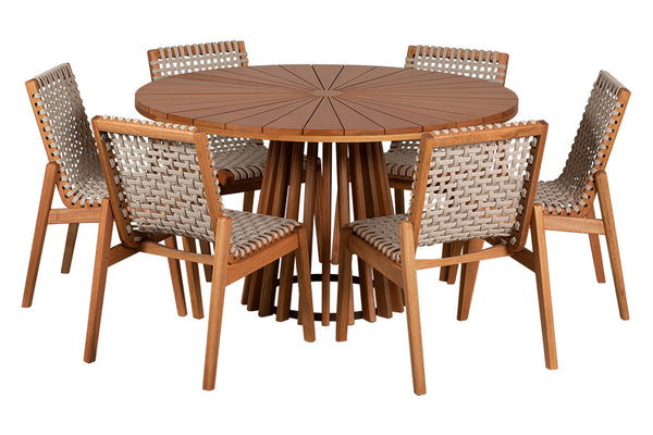 mesa de jantar gourmet mel com seis cadeiras trama corda areia ao redor em fundo branco