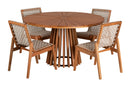 mesa de jantar redonda gourmet mel com quatro cadeiras trama corda areia ao redor em fundo branco