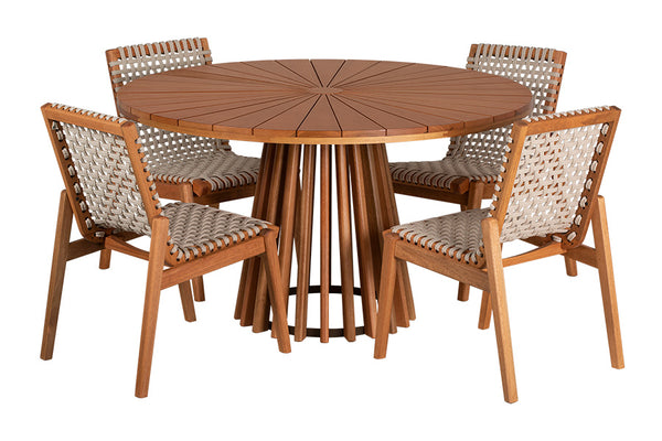 mesa de jantar redonda gourmet mel com quatro cadeiras trama corda areia ao redor em fundo branco