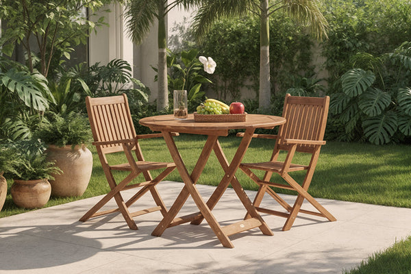 mesa 90cm dobravel e cadeiras com braço dobravel ambientado no jardim