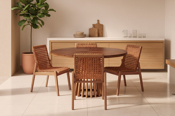 cadeira trama ocre e mesa gourmet ambientada na area gourmet