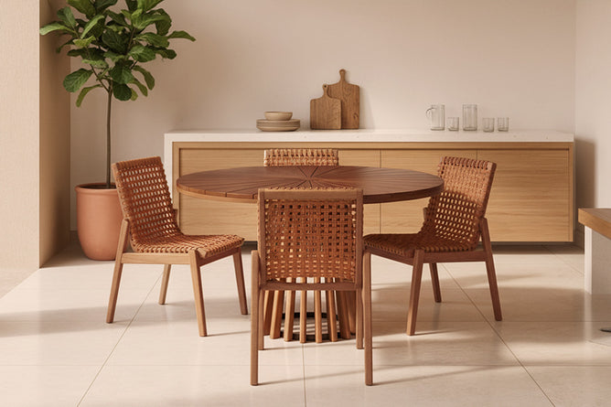 cadeira trama ocre e mesa gourmet ambientada na area gourmet