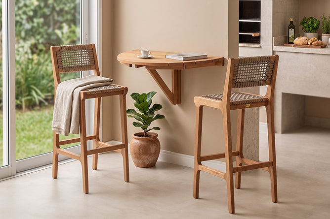 mesa de parede legno e banquetas alta trama corda rami ambientados na churrasqueira