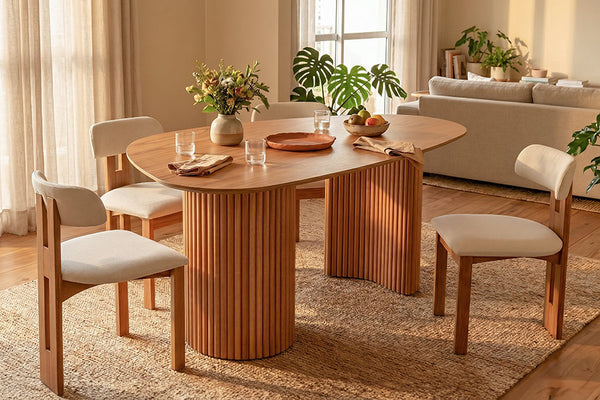 mesa organica e cadeiras trina ambientadas na sala de jantar