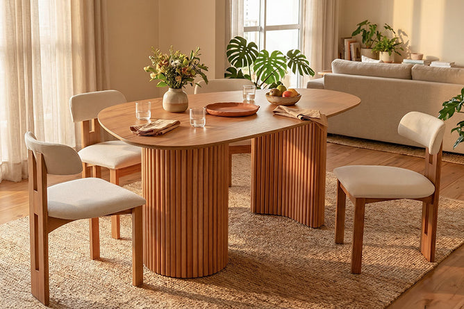 mesa organica e cadeiras trina ambientadas na sala de jantar