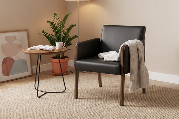 poltrona arpoador preta e mesa lateral jade 52cm ambientadas na sala de estar