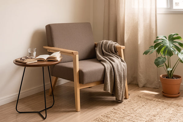 poltrona caju marrom e mesa lateral jade 52cm ambientados na sala de estar