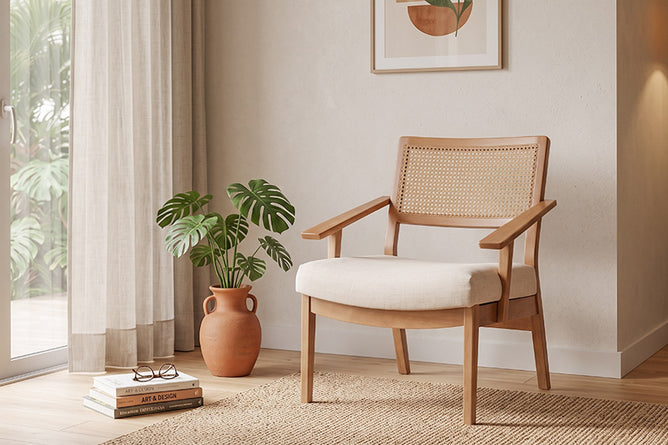 Poltrona para Sala Vitrola - Nozes e Tecido Bege ambientada no canto de leitura