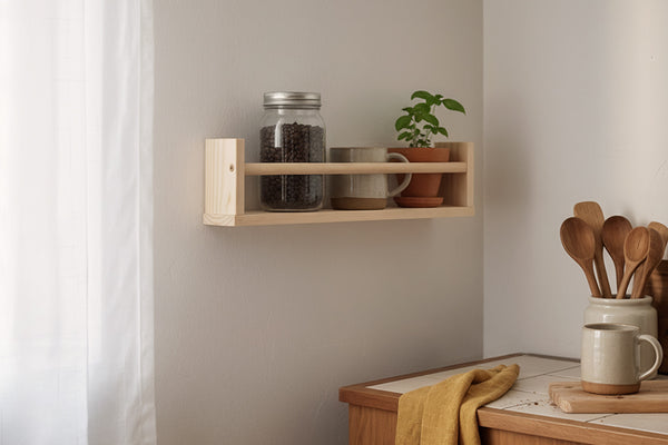 prateleira pequena legno cru ambientada na cozinha