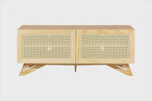 rack para sala 120 cm yono freijó e rattan visto em varios angulos em fundo branco