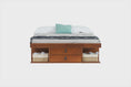 cama bali de queen caramelo em fundo branco em gif mostrando vários ângulos