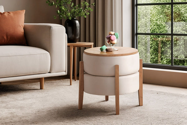 puff macaron ambientado na sala de estar